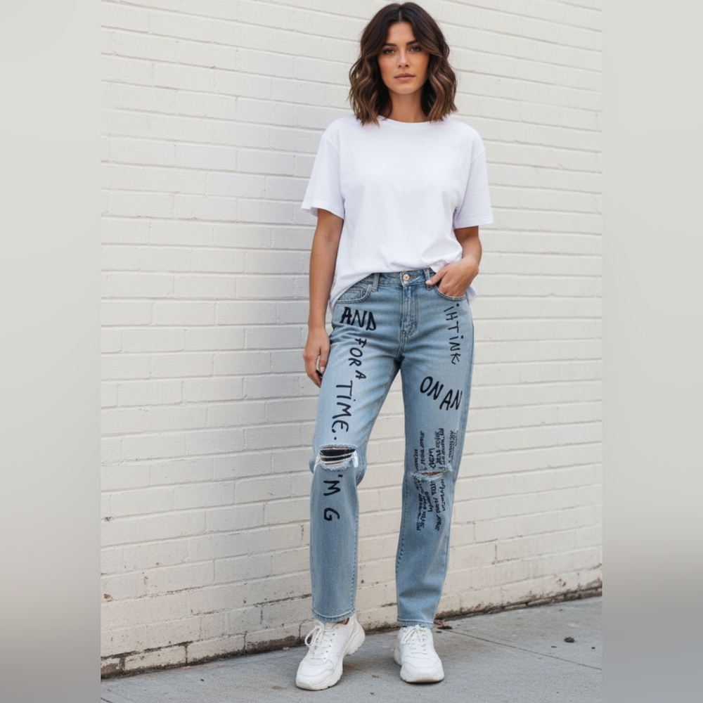 Blue Straight Jeans with Handwritten Design